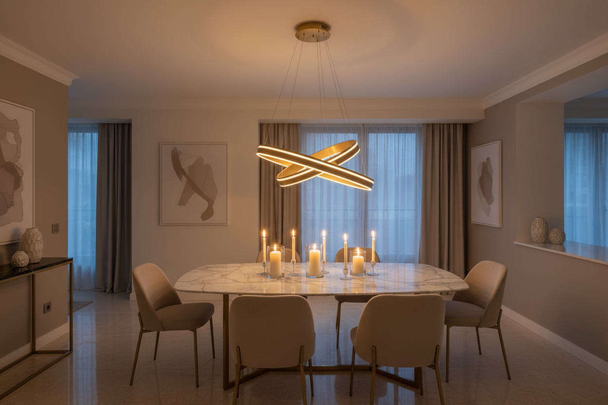 Q-VITO hanglamp boven eettafel in avondsfeer