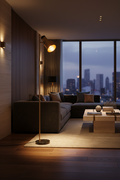 DIVINA staande lamp in boutique hotel appartement met avond skyline