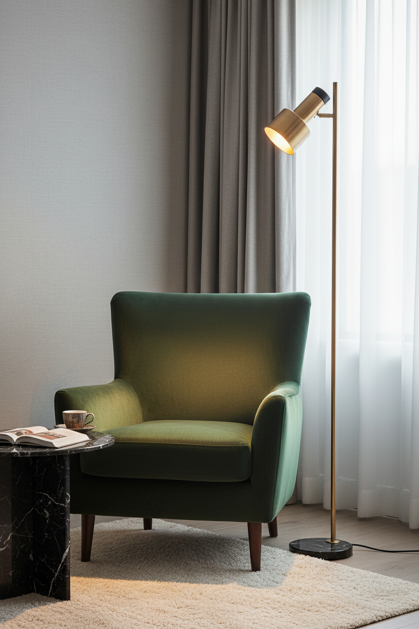 DIVINA staande lamp als leeslamp naast fluwelen fauteuil