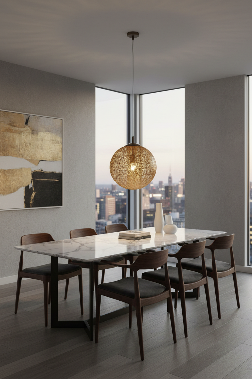 Greta hanglamp boven eettafel met skyline uitzicht